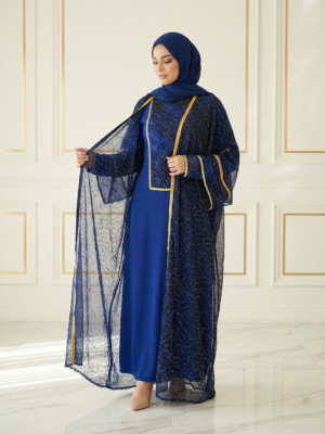 طقم اللازورد الملكي بشت شيفون ودريس حرير