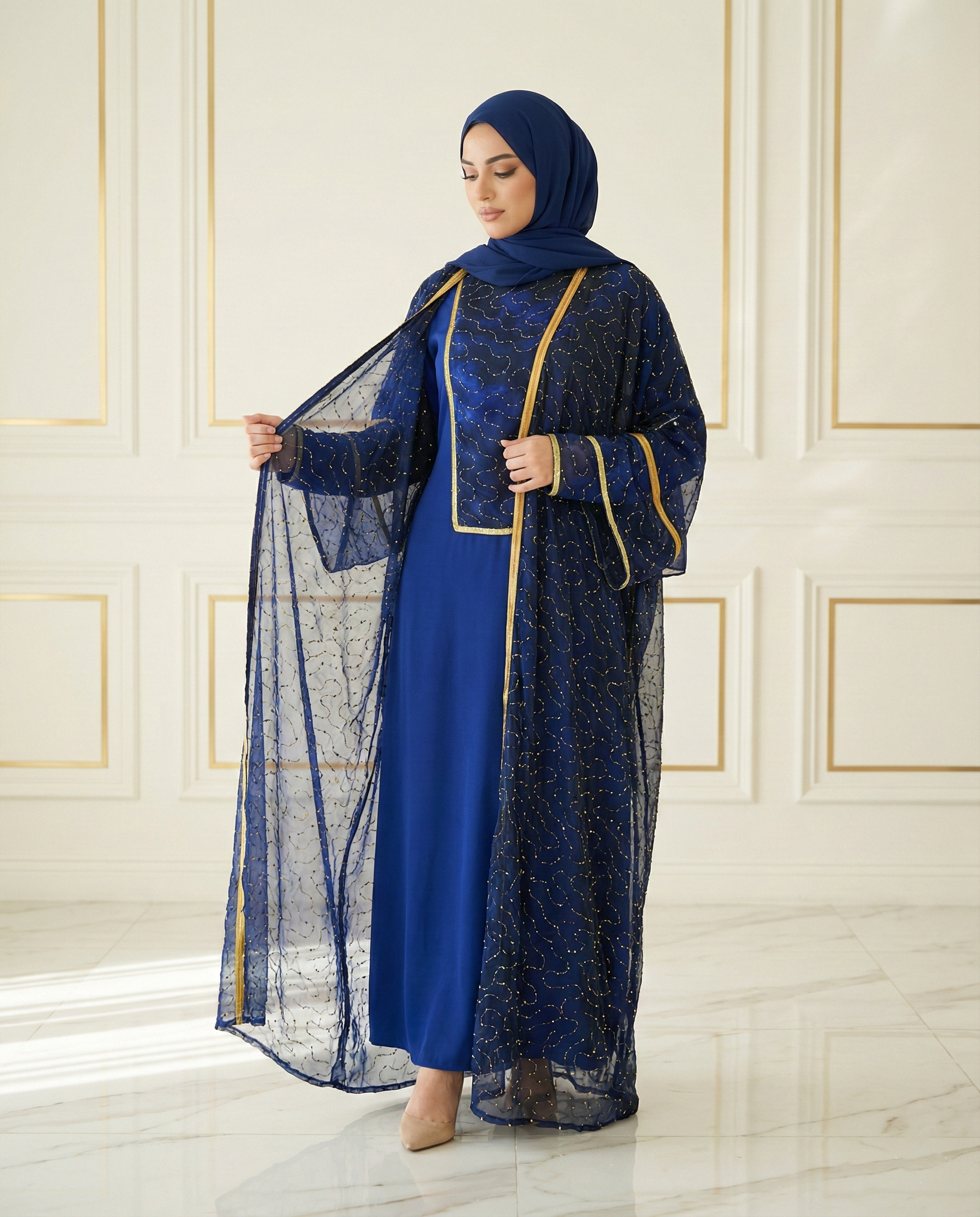 طقم اللازورد الملكي بشت شيفون ودريس حرير