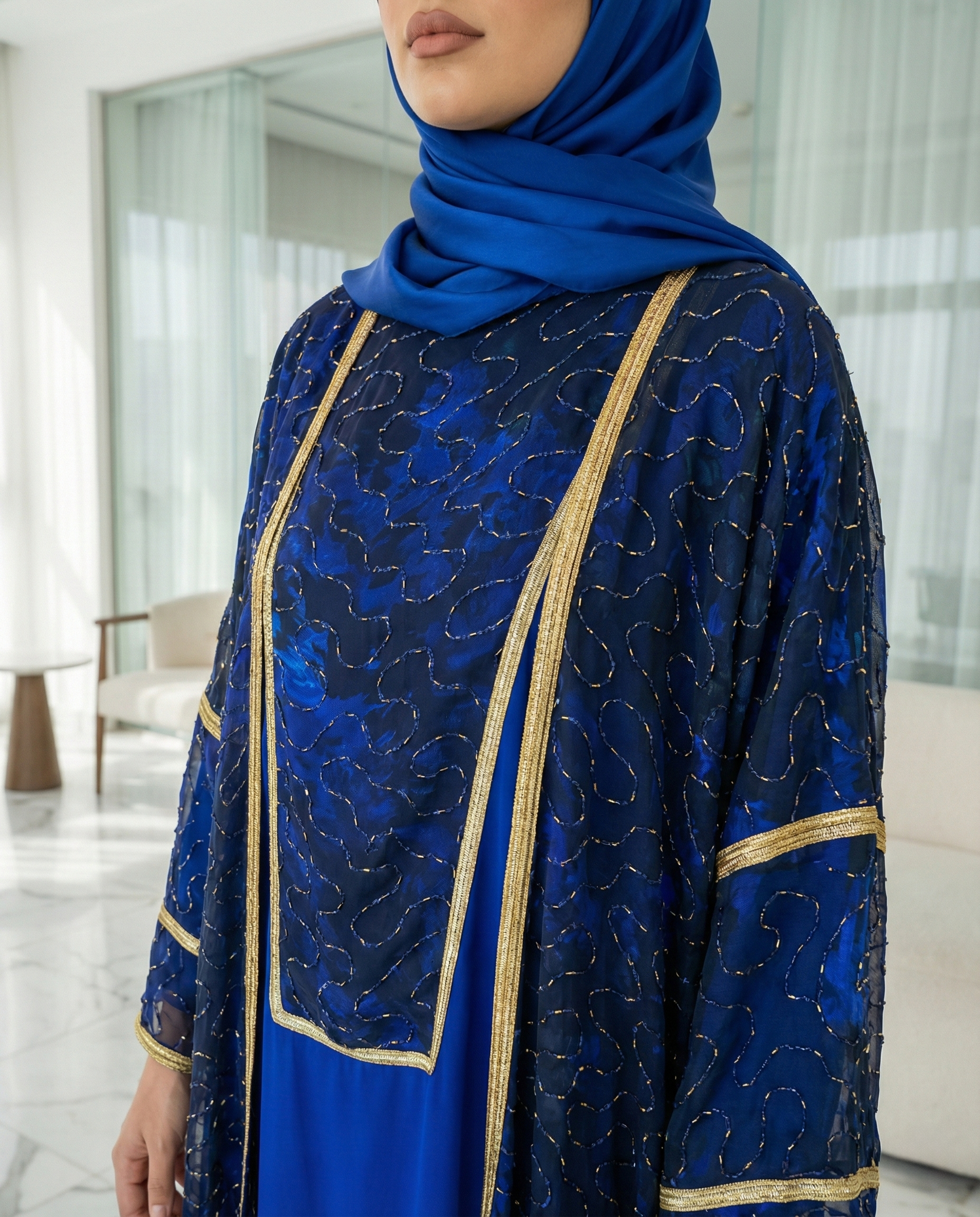 طقم اللازورد الملكي بشت شيفون ودريس حرير - الصورة 3