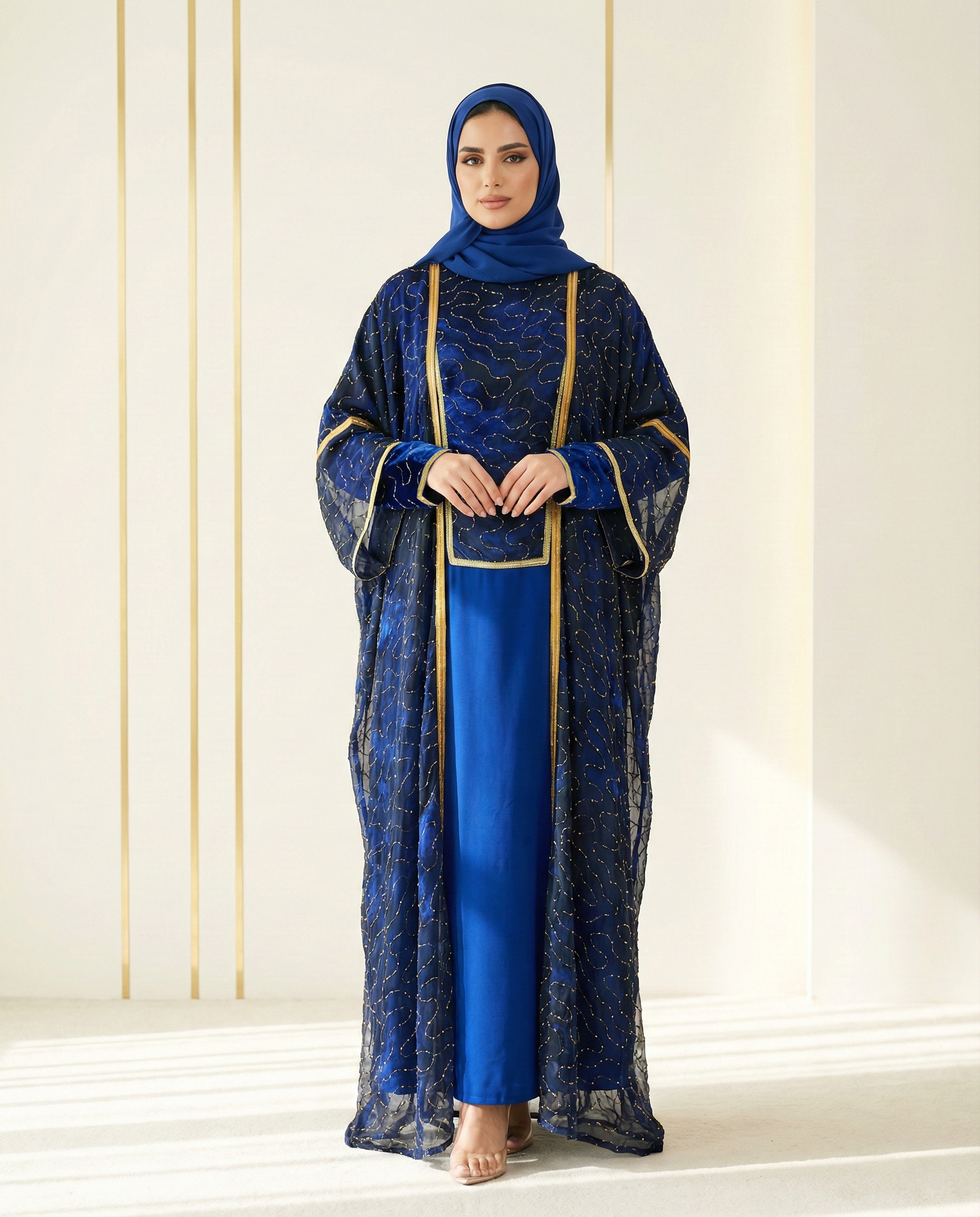 طقم اللازورد الملكي بشت شيفون ودريس حرير - الصورة 2